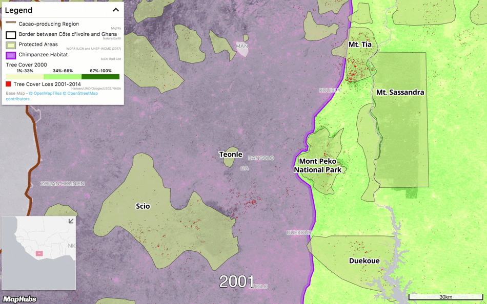 Map from Mighty Earth's MapHubs portal of tree cover loss within the Scio National Park and surrounding natural areas, including chimpanzee habitat, in Ivory Coast. 